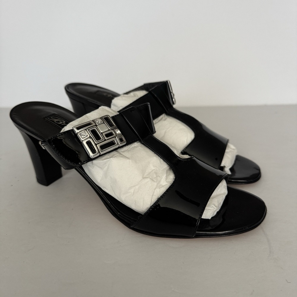 Brighton Sandals Women 8.5‎ M Black Patent Leather Embellished T Strap Party